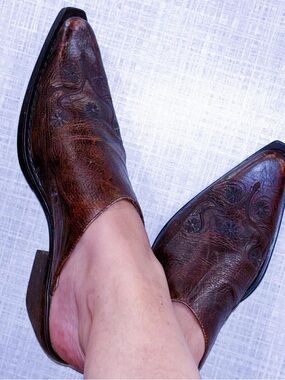 Marco Delli Brown Leather Western Mules Floral Embroidery Size 38